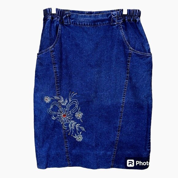 Vintage Y2K Embroidered Beaded Denim Midi Skirt M Boho Cottagecore Glam Retro - Picture 1 of 9